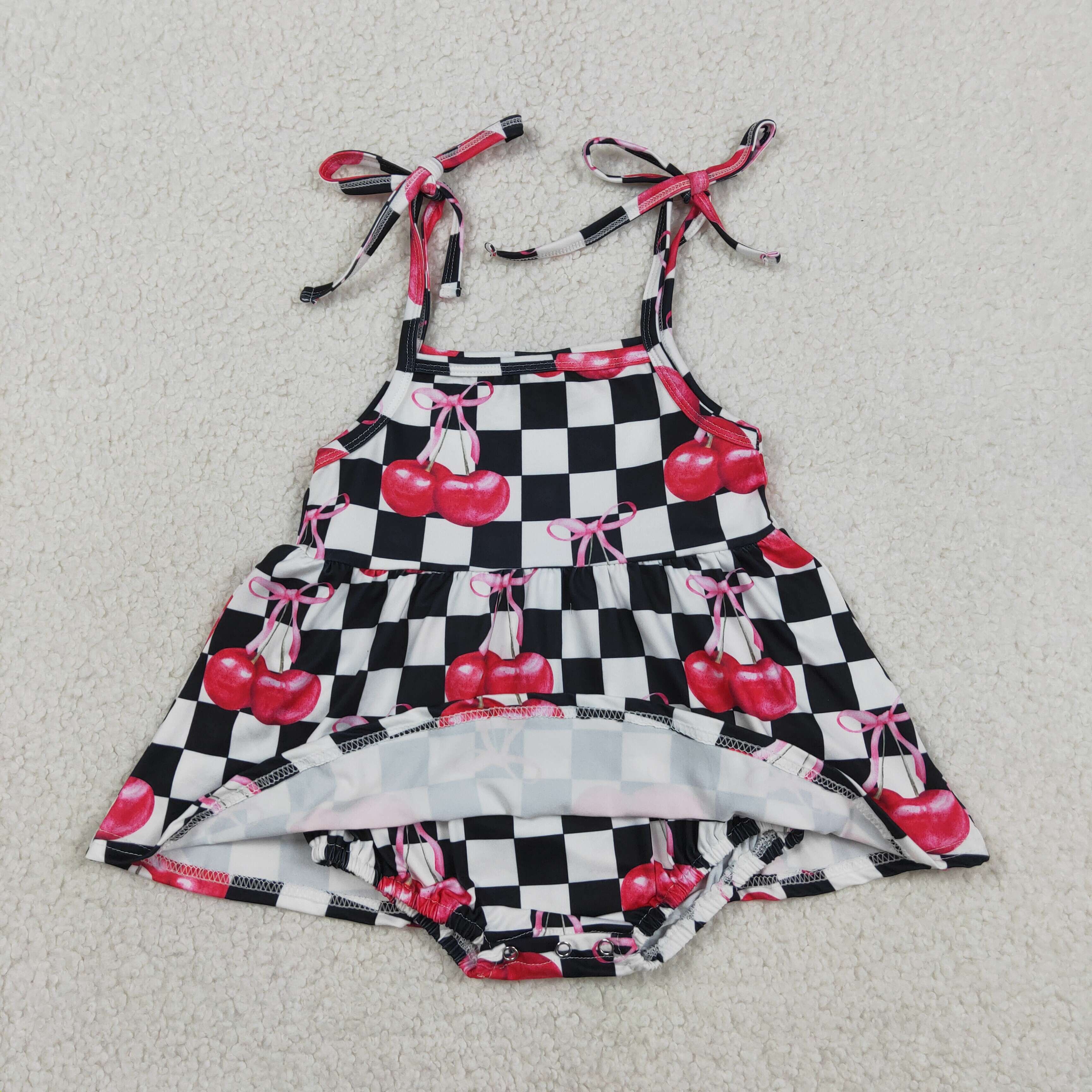SR3854 Baby Black white plaid cherry sleeveless bows Rompers