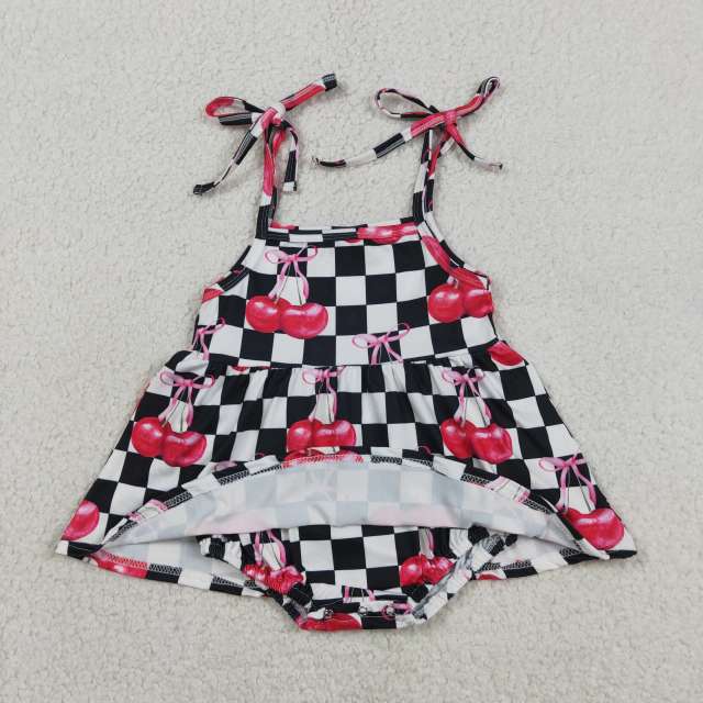 SR3854 Baby Black white plaid cherry sleeveless bows Rompers