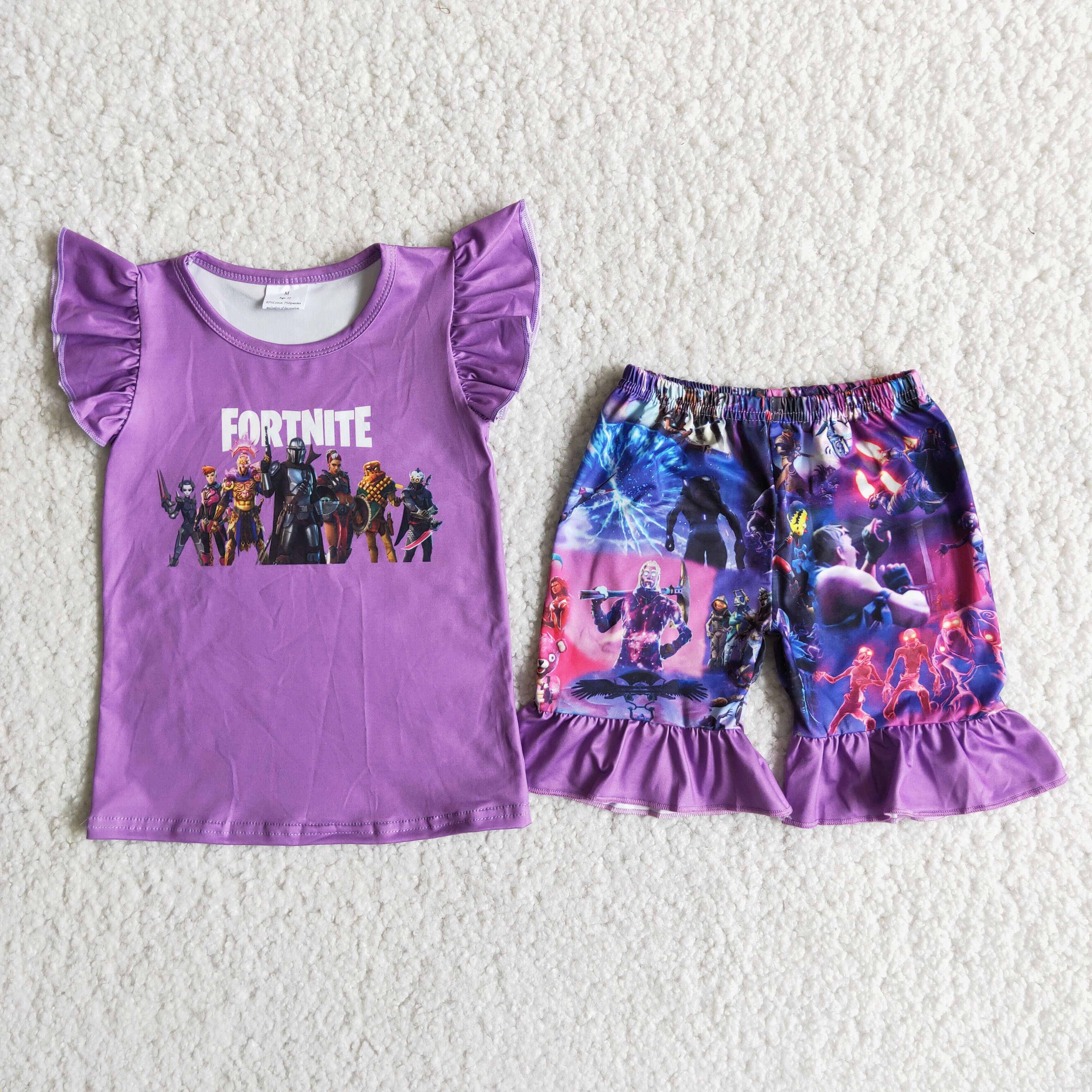 D11-28  Purple cartoon print short sleeve outfits