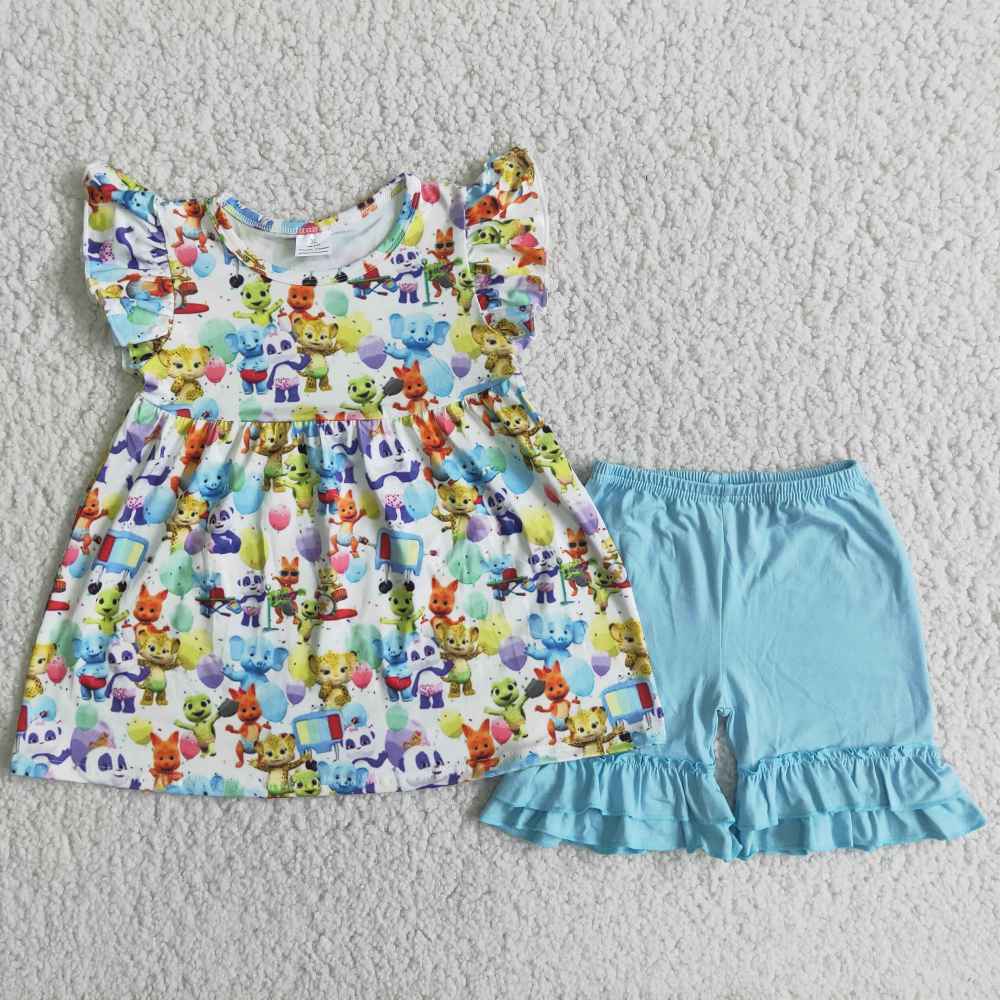 D7-27  Blue cartoon print short sleeve outfits