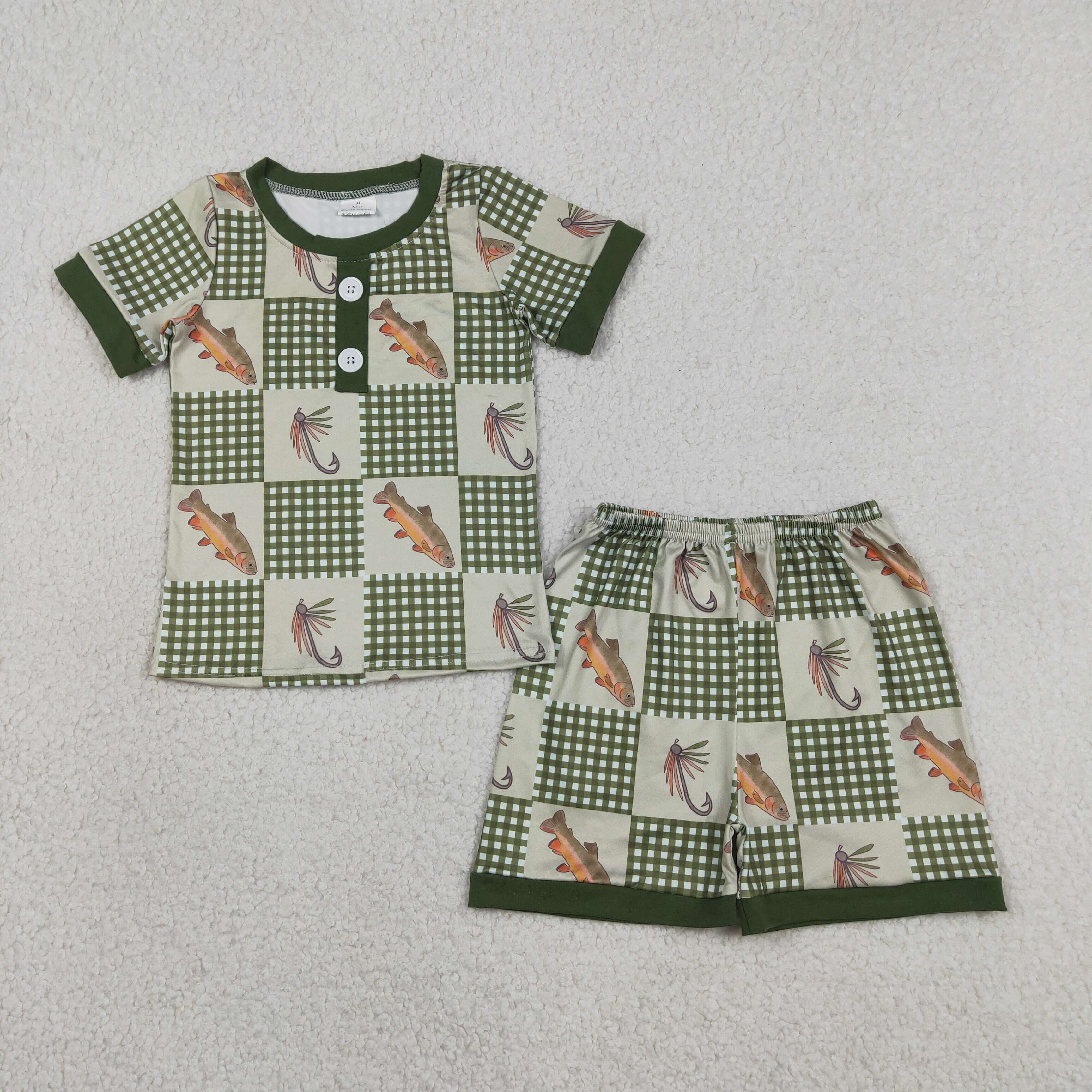 BSSO1817 RTS Fish green plaid  print short sleeve boy outfits