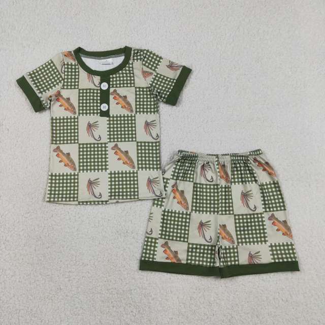 BSSO1817 RTS Fish green plaid  print short sleeve boy outfits