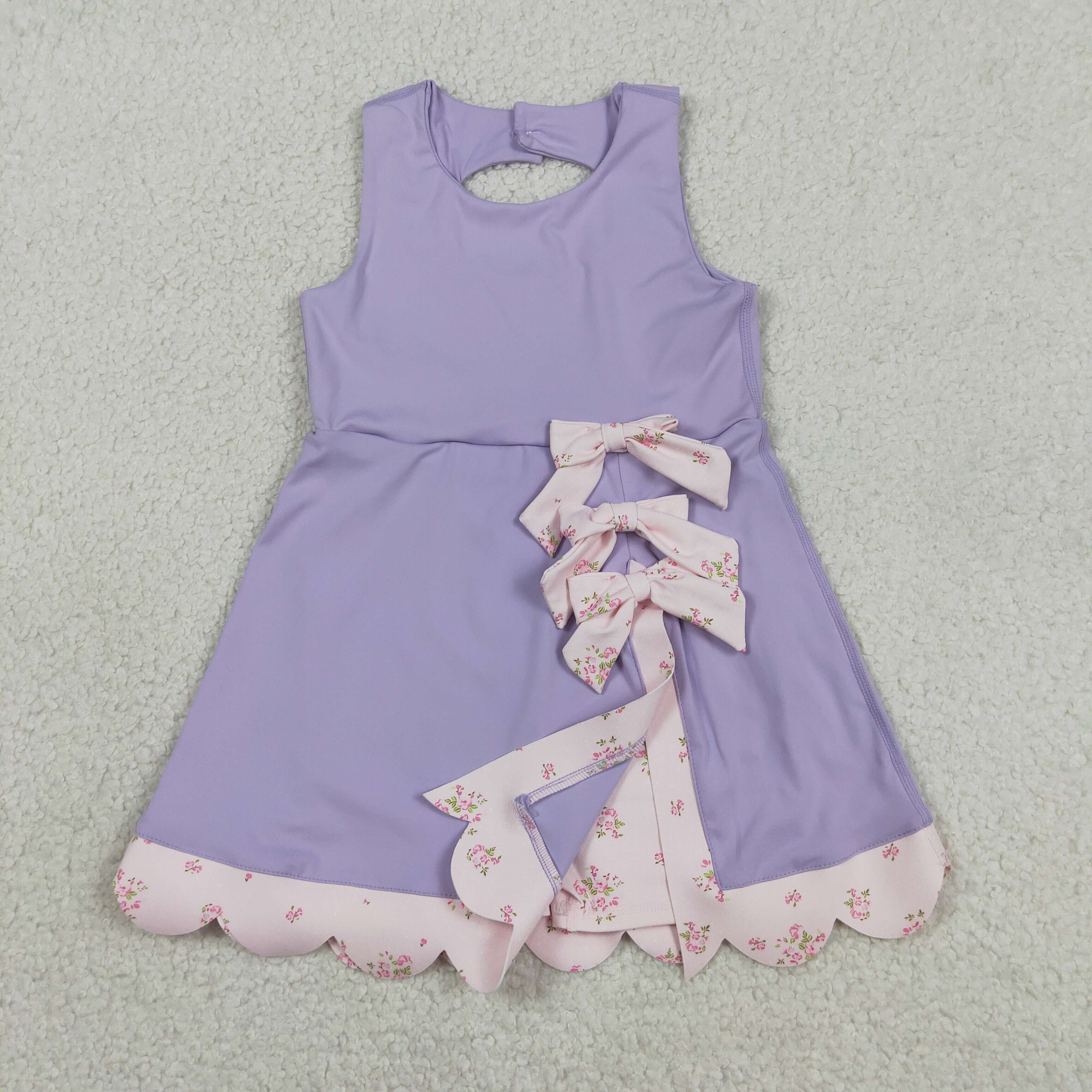 GSD3317 RTS Purple bows print active girl yoga dress