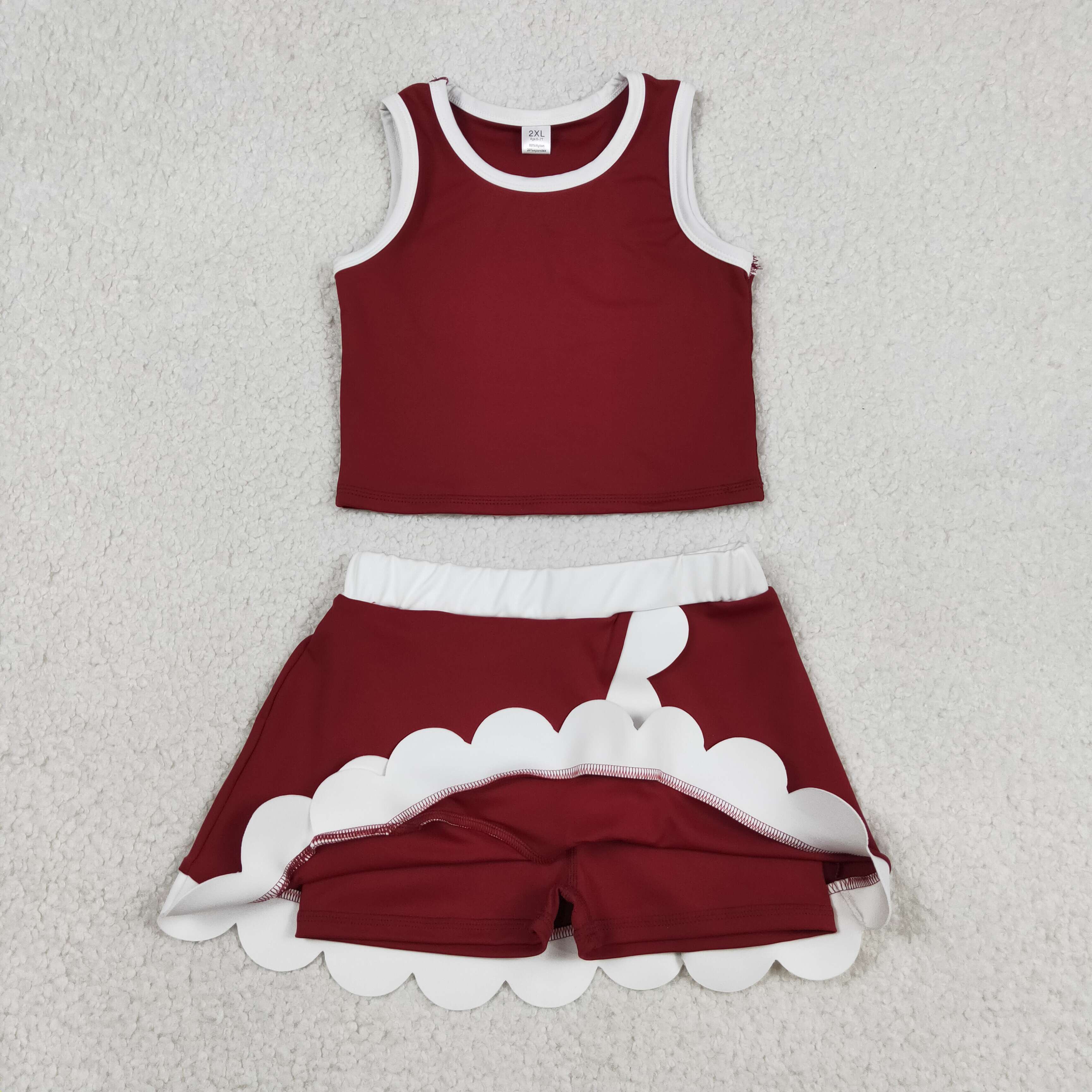 GSD4027 Dark red white lace Print sleeveless girl yoga SCALLOP athletic outfits