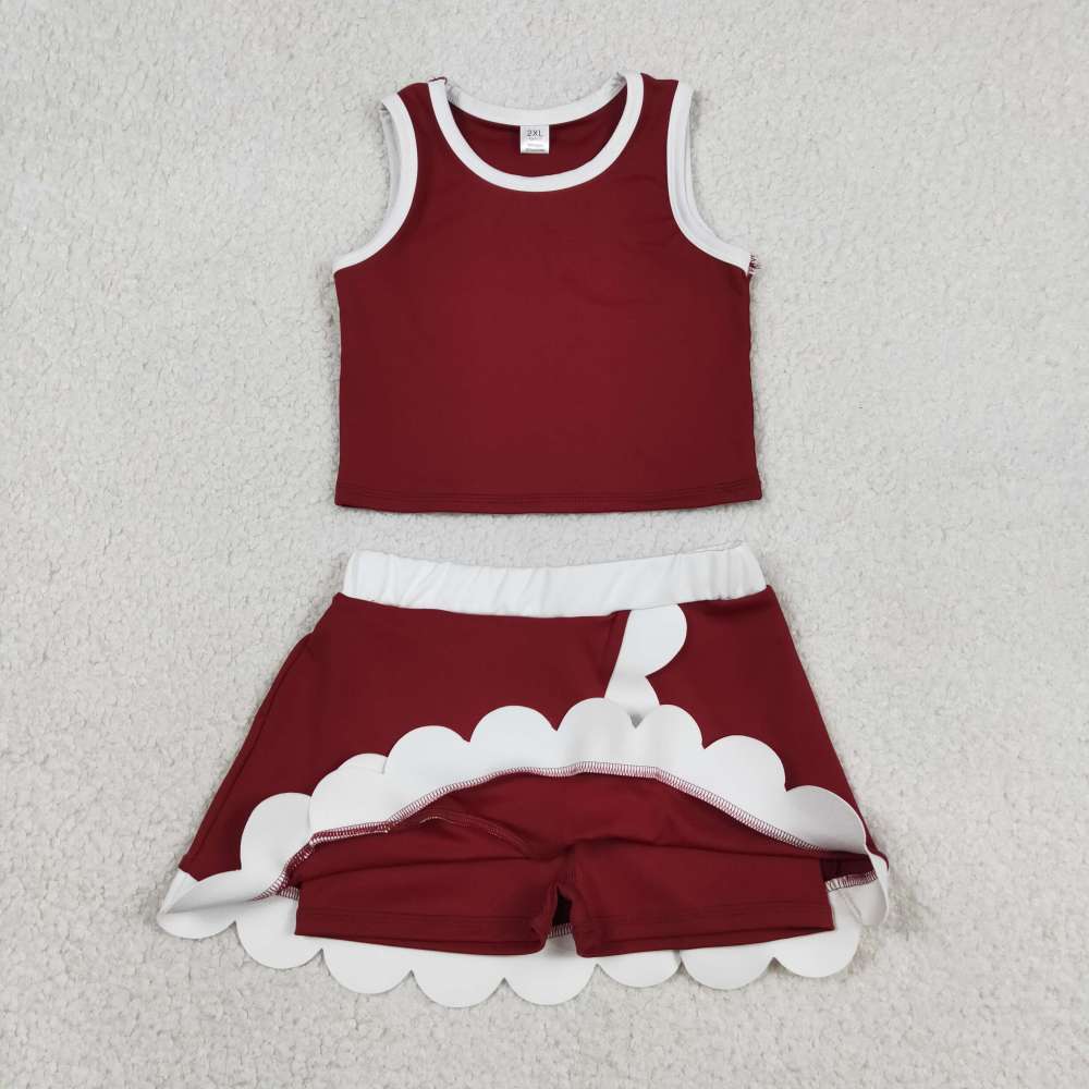 GSD4027 Dark red white lace Print sleeveless girl yoga SCALLOP athletic outfits