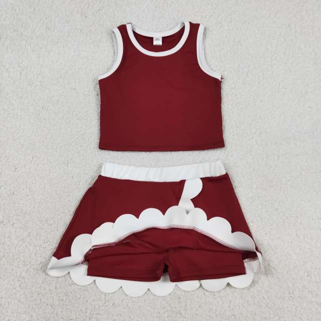 GSD4027 Dark red white lace Print sleeveless girl yoga SCALLOP athletic outfits