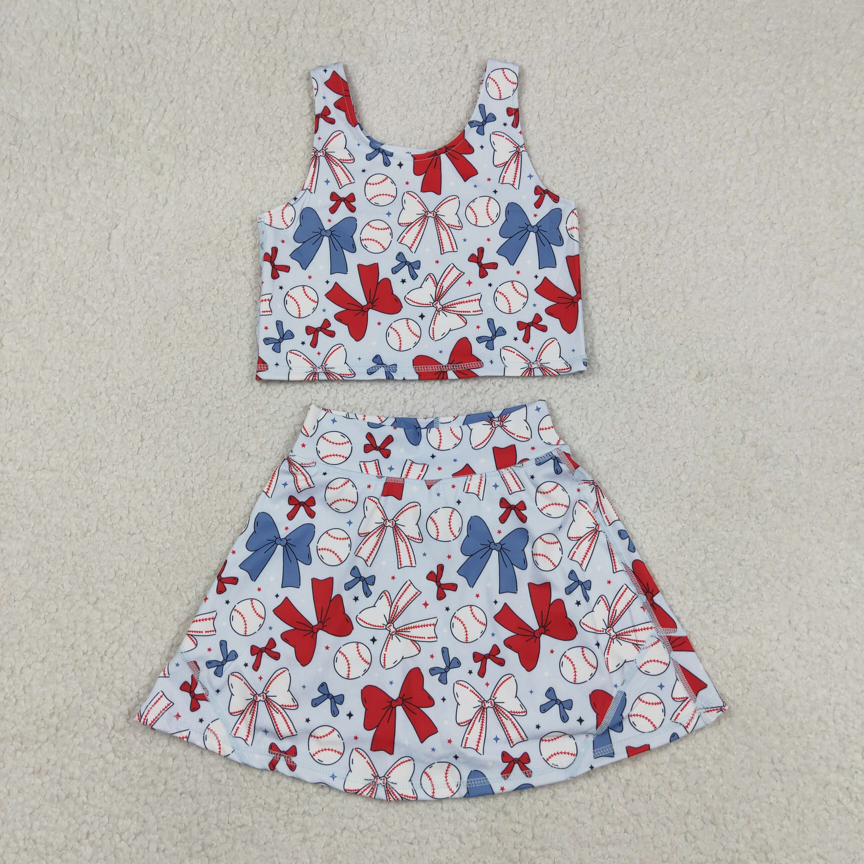 GSD2151  RTS 4th of july bows girl yoga sleeveless skirt set