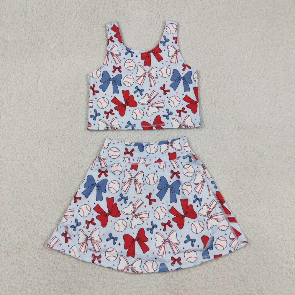 GSD2151  RTS 4th of july bows girl yoga sleeveless skirt set