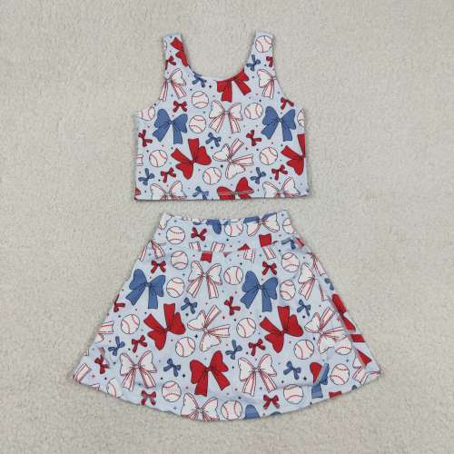 GSD2151  RTS 4th of july bows girl yoga sleeveless skirt set
