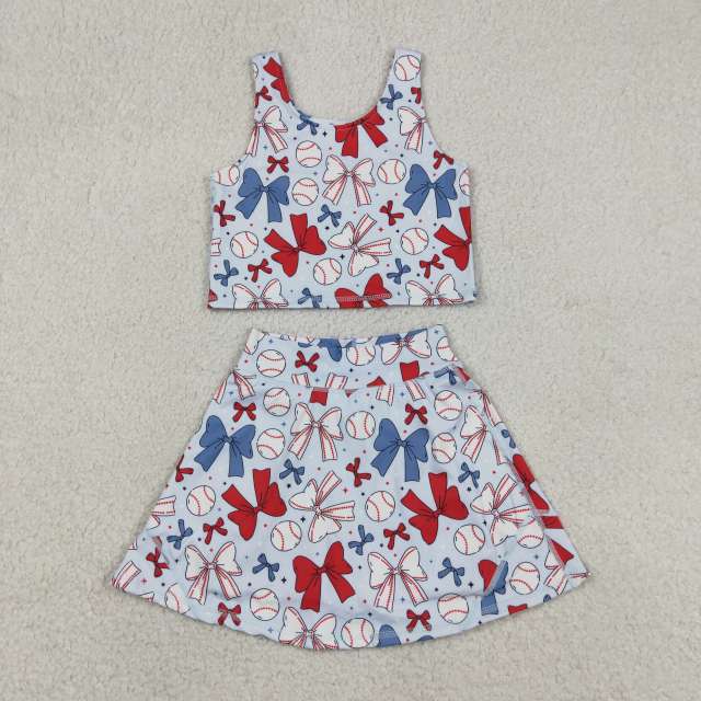 GSD2151  RTS 4th of july bows girl yoga sleeveless skirt set