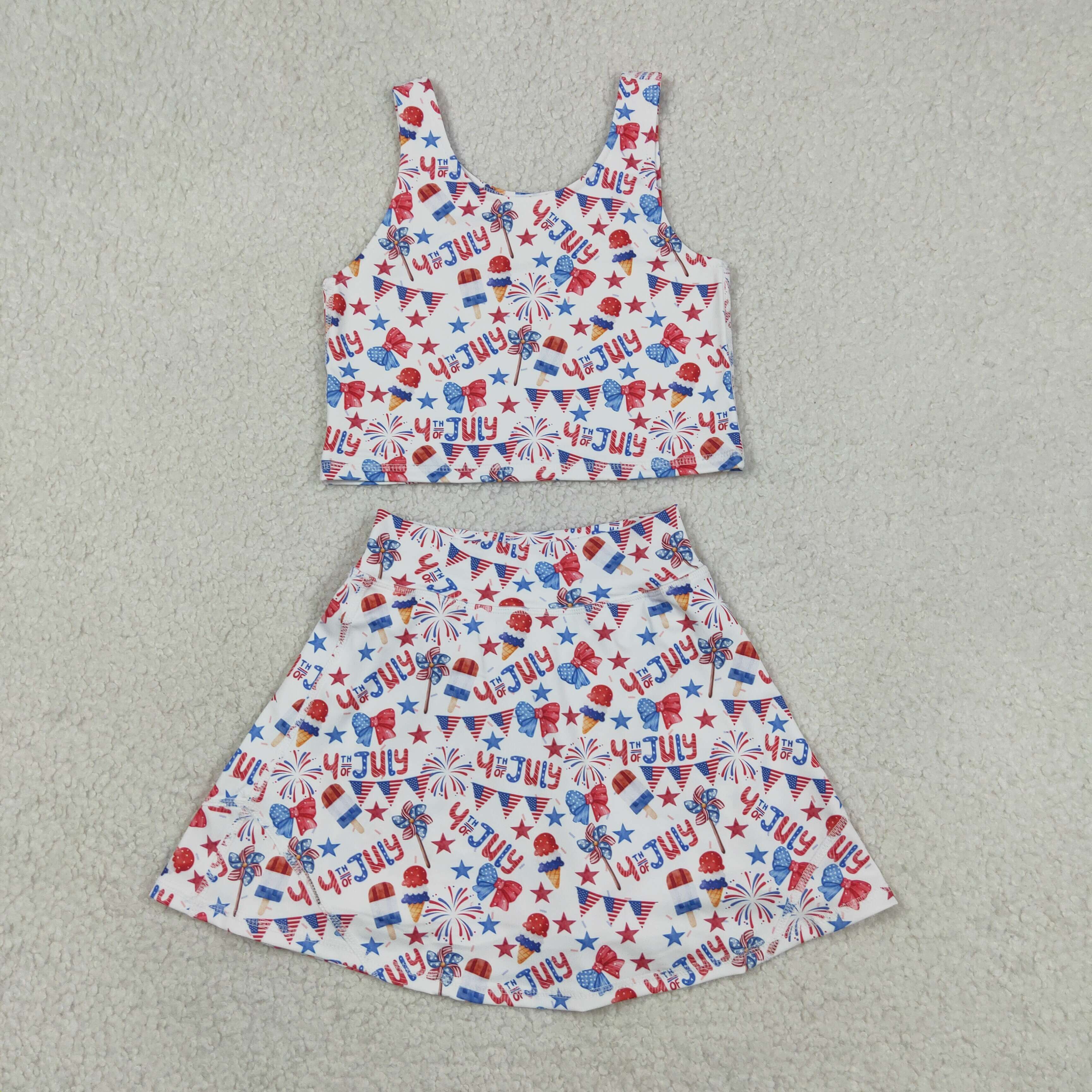 GSD3498 RTS 4th of july bows Firework girl yoga sleeveless skirt set