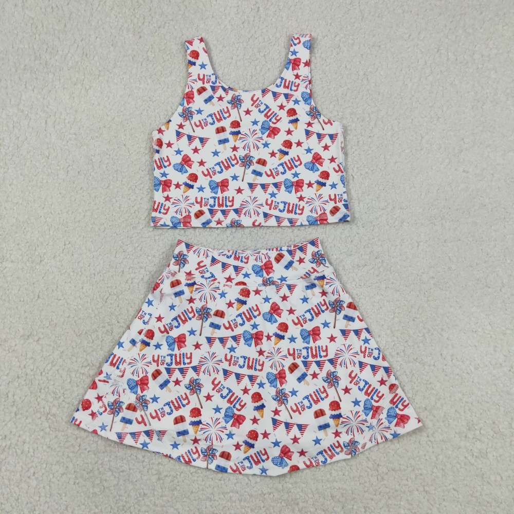 GSD3498 RTS 4th of july bows Firework girl yoga sleeveless skirt set