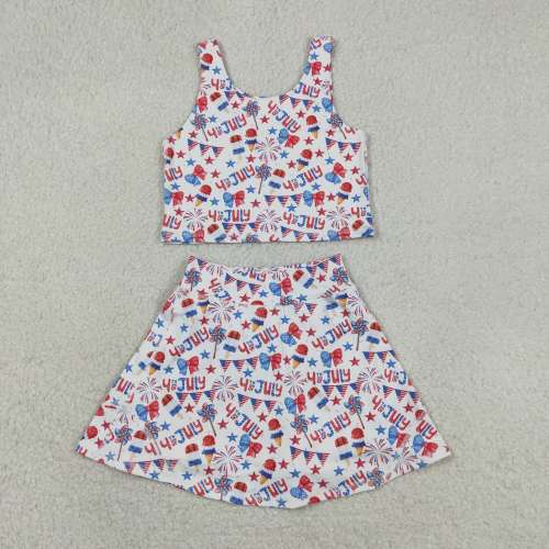 GSD3498 RTS 4th of july bows Firework girl yoga sleeveless skirt set