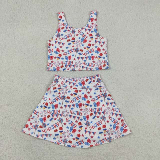 GSD3498 RTS 4th of july bows Firework girl yoga sleeveless skirt set