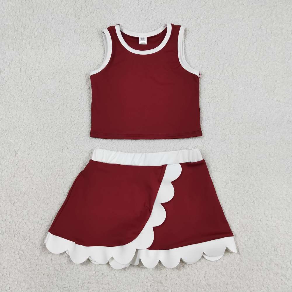 GSD4027 Dark red white lace Print sleeveless girl yoga SCALLOP athletic outfits