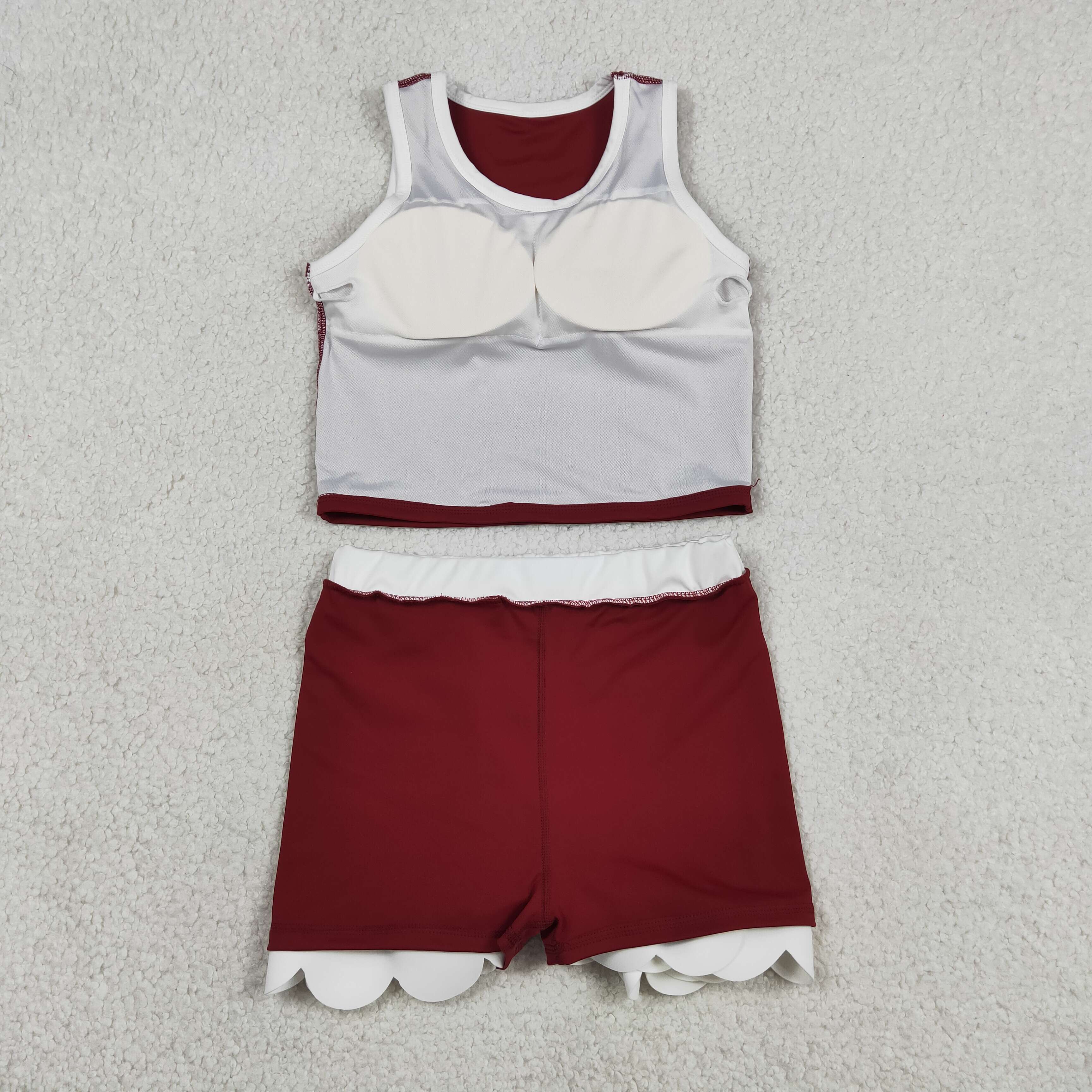 GSD4027 Dark red white lace Print sleeveless girl yoga SCALLOP athletic outfits