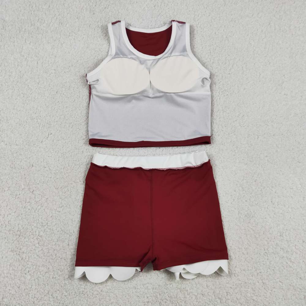 GSD4027 Dark red white lace Print sleeveless girl yoga SCALLOP athletic outfits