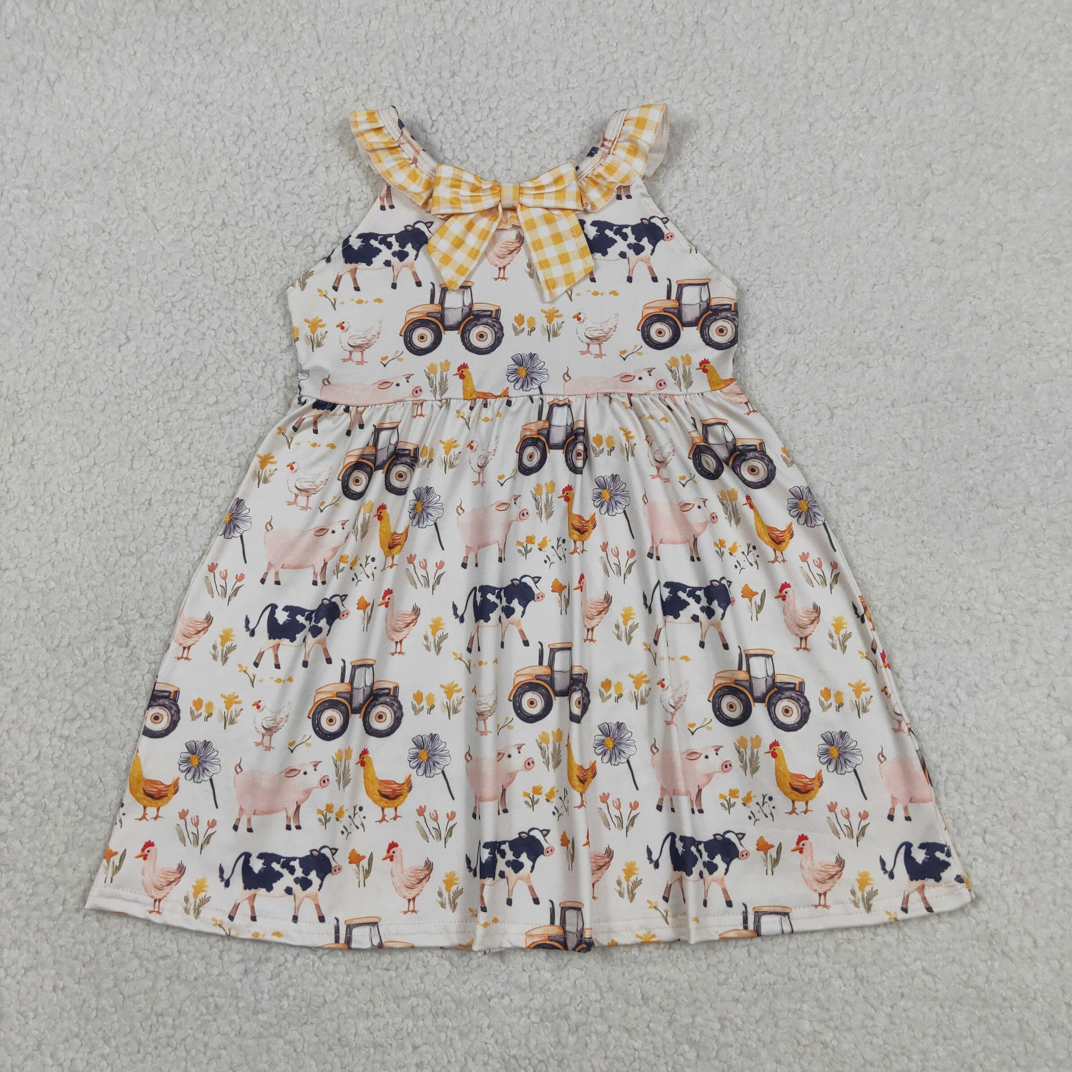 GSD3476  RTS yellow animals tractor girl  summer dress