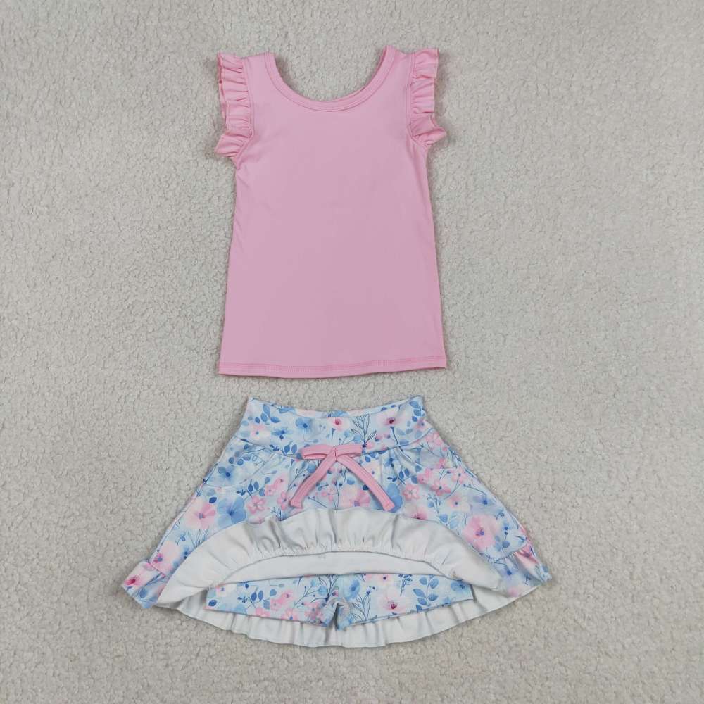 GSD3773   RTS Pink girl sleeveless floral yoga  skirt set