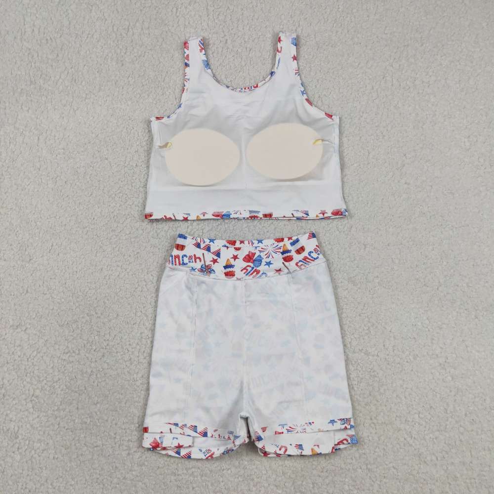 GSD3498 RTS 4th of july bows Firework girl yoga sleeveless skirt set