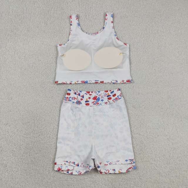 GSD3498 RTS 4th of july bows Firework girl yoga sleeveless skirt set