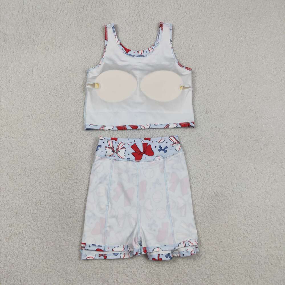 GSD2151  RTS 4th of july bows girl yoga sleeveless skirt set