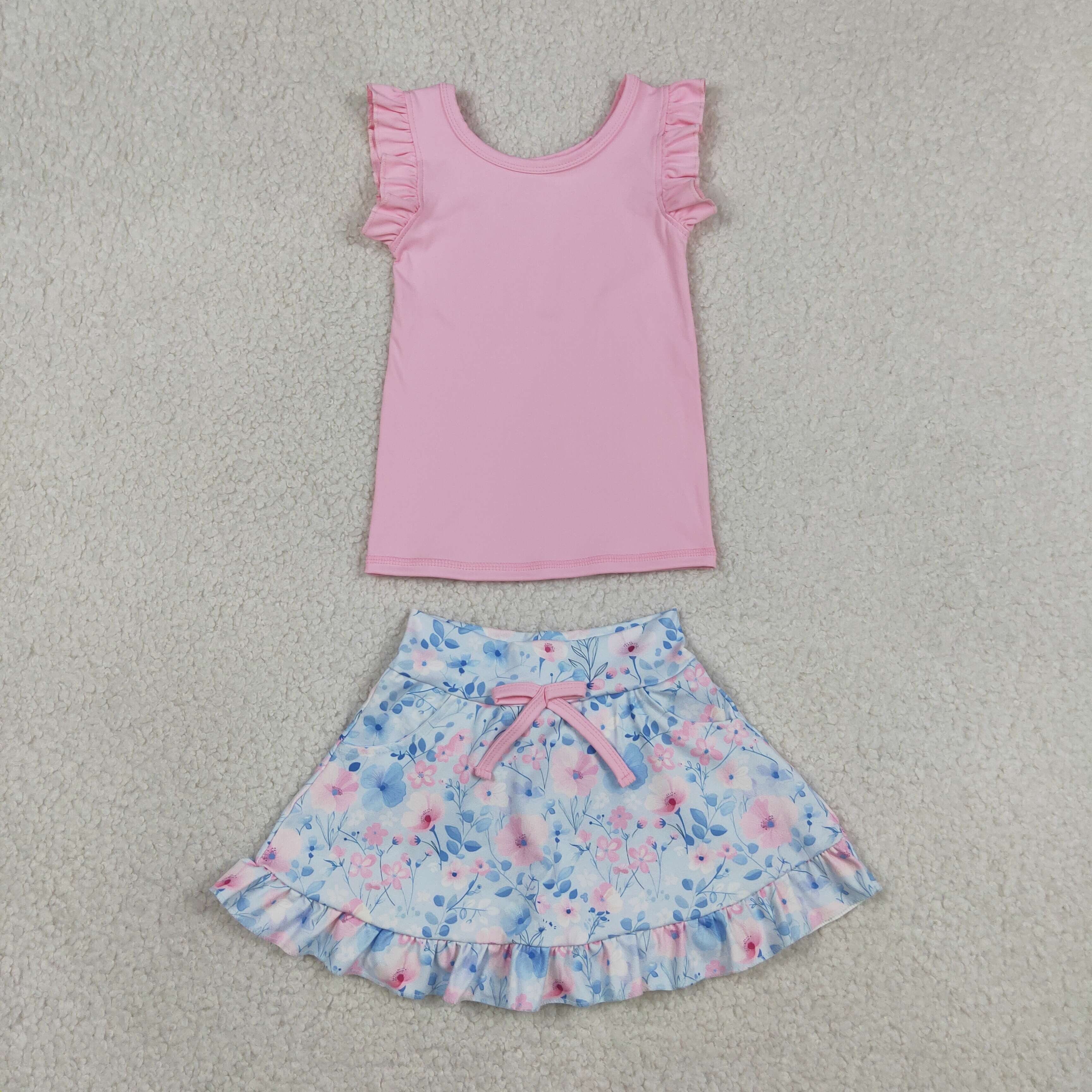 GSD3773   RTS Pink girl sleeveless floral yoga  skirt set