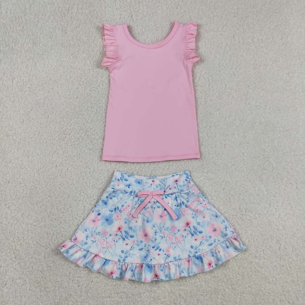 GSD3773   RTS Pink girl sleeveless floral yoga  skirt set