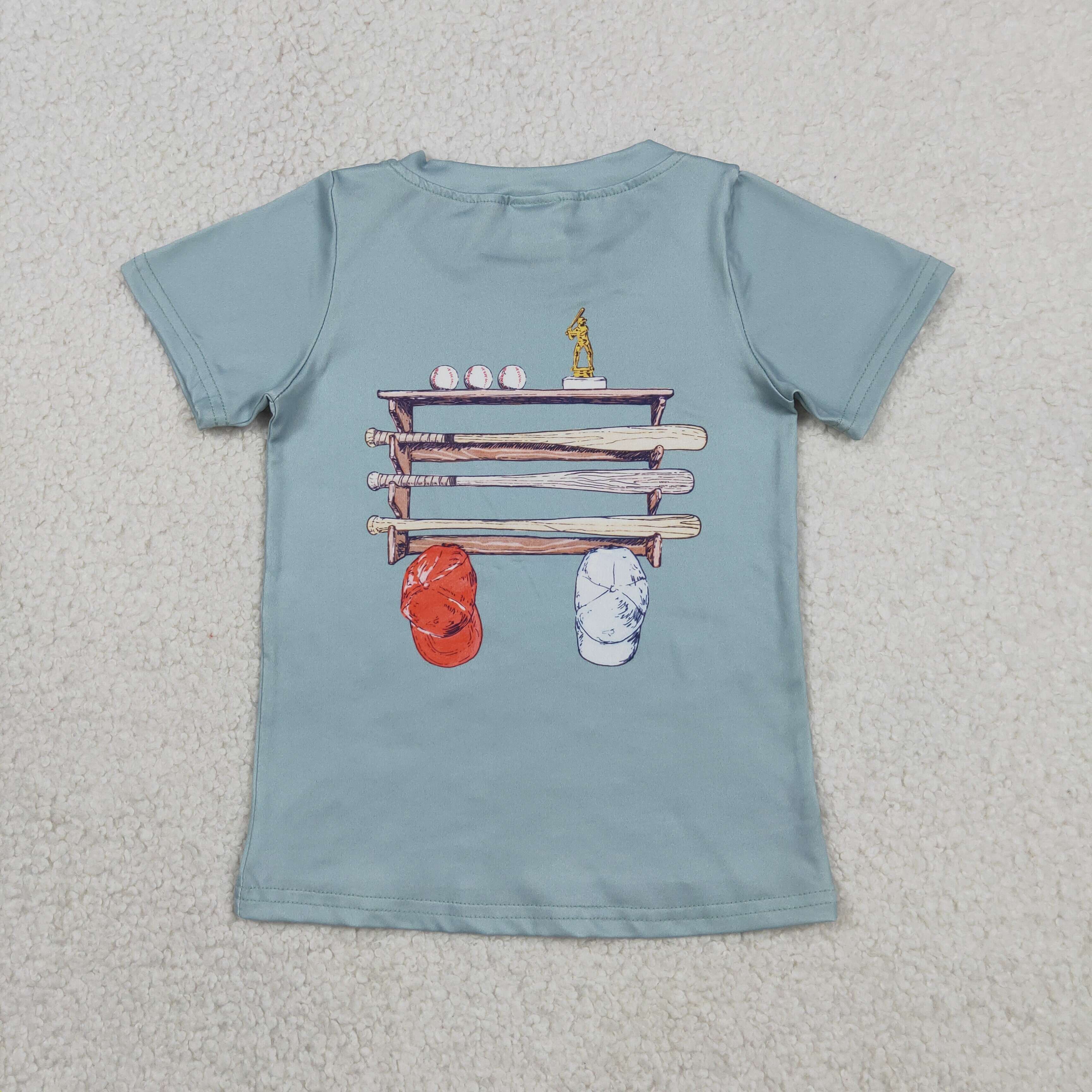 BT1762  RTS Blue Green baseball hat print short sleeve boy t-shirt