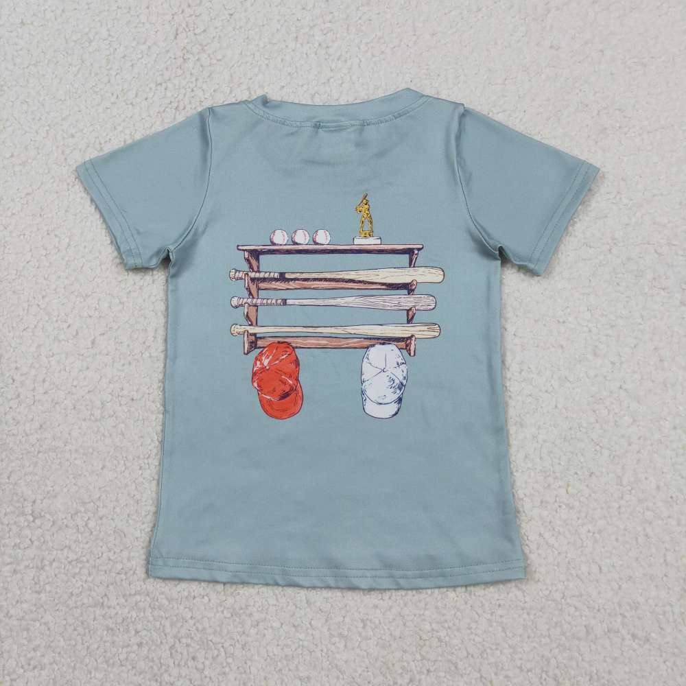 BT1762  RTS Blue Green baseball hat print short sleeve boy t-shirt
