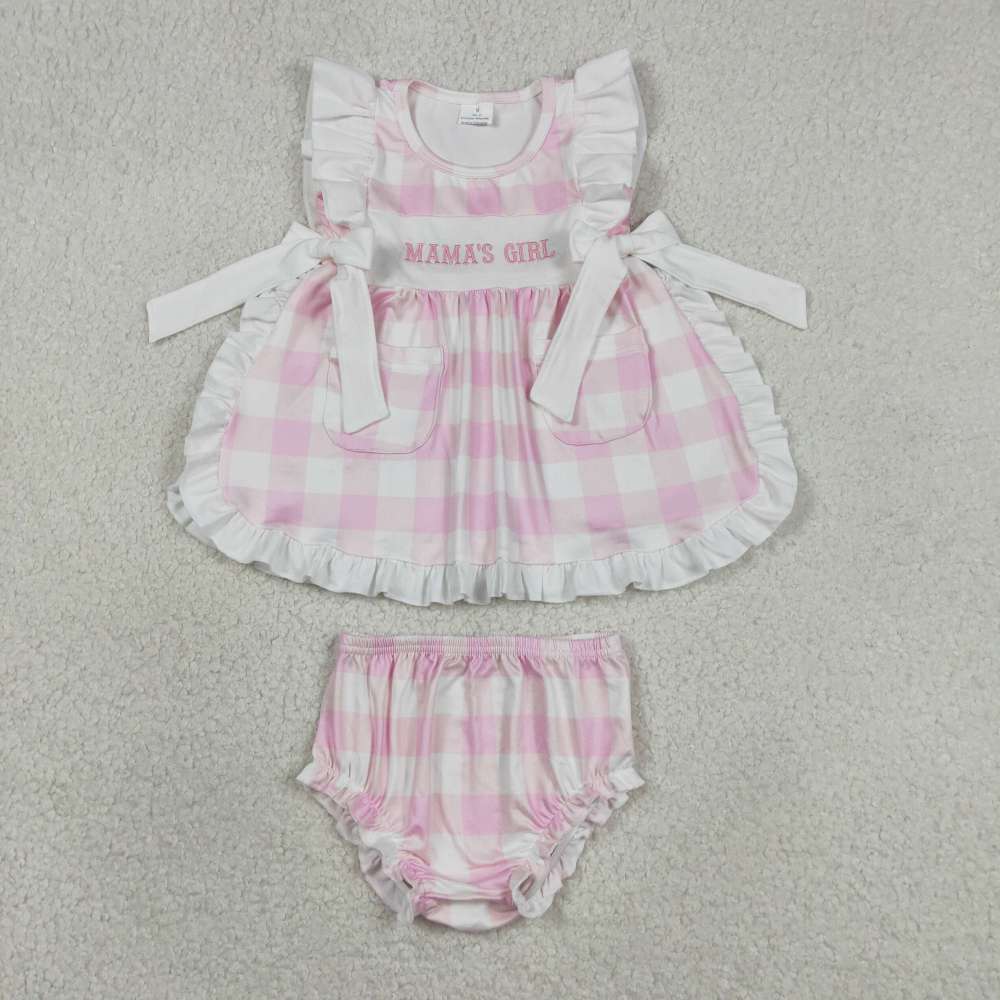 GBO0495 RTS Girl  Pink plaid print sleeveless  mama's girl embroidery girl bummies