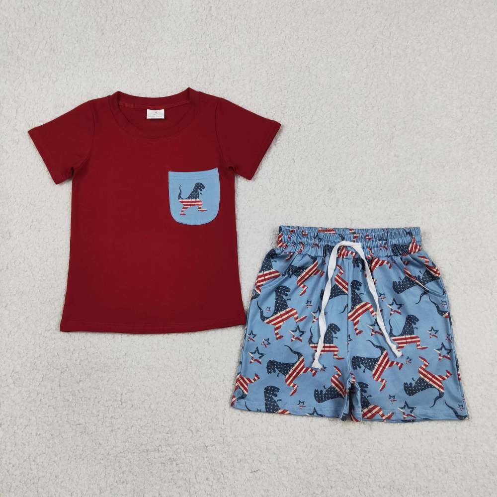 BSSO0519  RTS Red Blue 4th of july flag short sleeve boy outfits