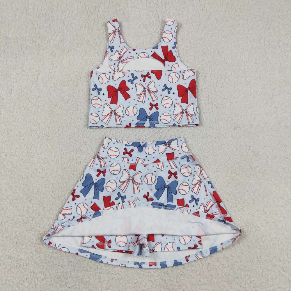GSD2151  RTS 4th of july bows girl yoga sleeveless skirt set