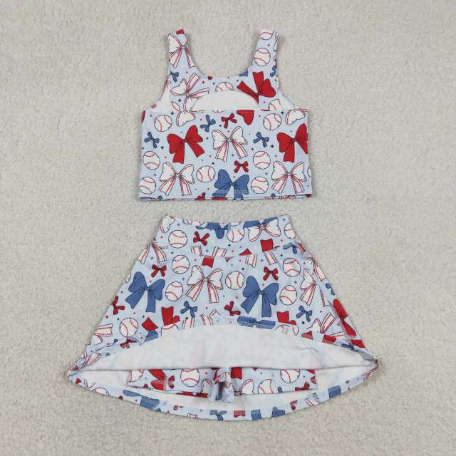 GSD2151  RTS 4th of july bows girl yoga sleeveless skirt set