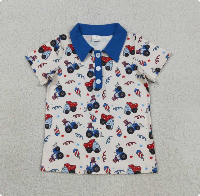 BT1767  USA Starry Sky Glasses, Red and Blue Button-Down Collar Short-Sleeved Top