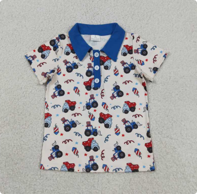 BT1767  USA Starry Sky Glasses, Red and Blue Button-Down Collar Short-Sleeved Top