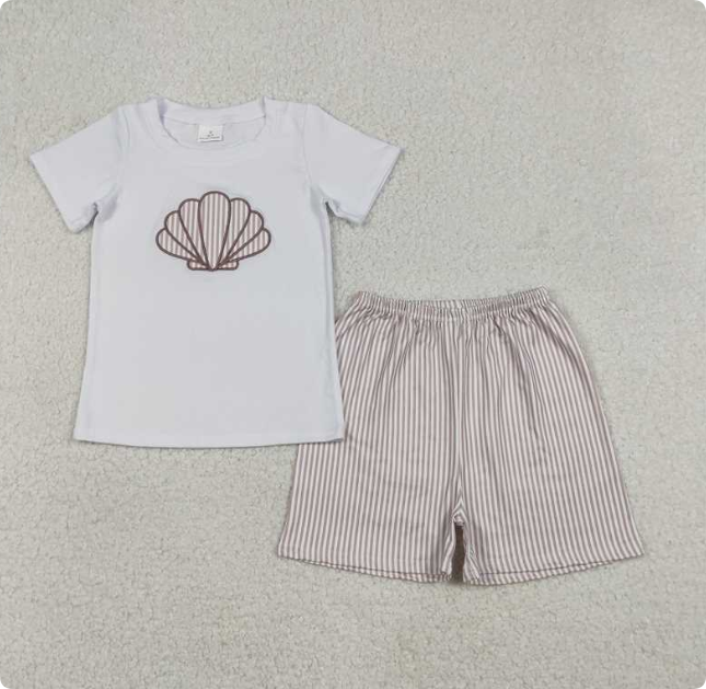 BSSO1618 Embroidered seashell white short-sleeved striped shorts set