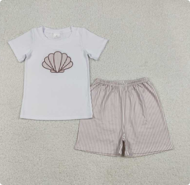 BSSO1618 Embroidered seashell white short-sleeved striped shorts set