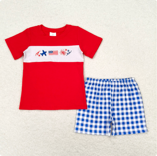 BSSO0584 Embroidered airplane, national flag, and fireworks red short-sleeved shirt and blue and white checkered shorts set