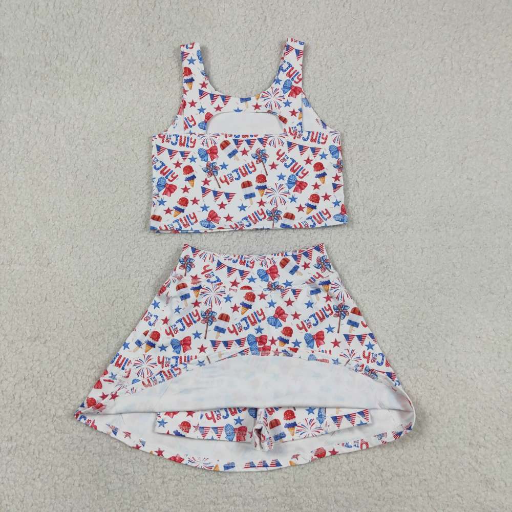 GSD3498 RTS 4th of july bows Firework girl yoga sleeveless skirt set