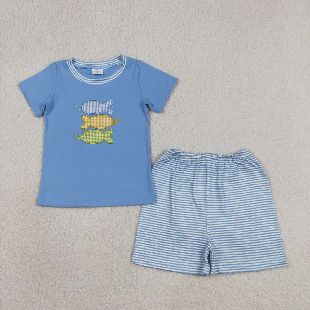 BSSO1905  RTS Stripe fishes embroidery  blue short sleeve boy outfits