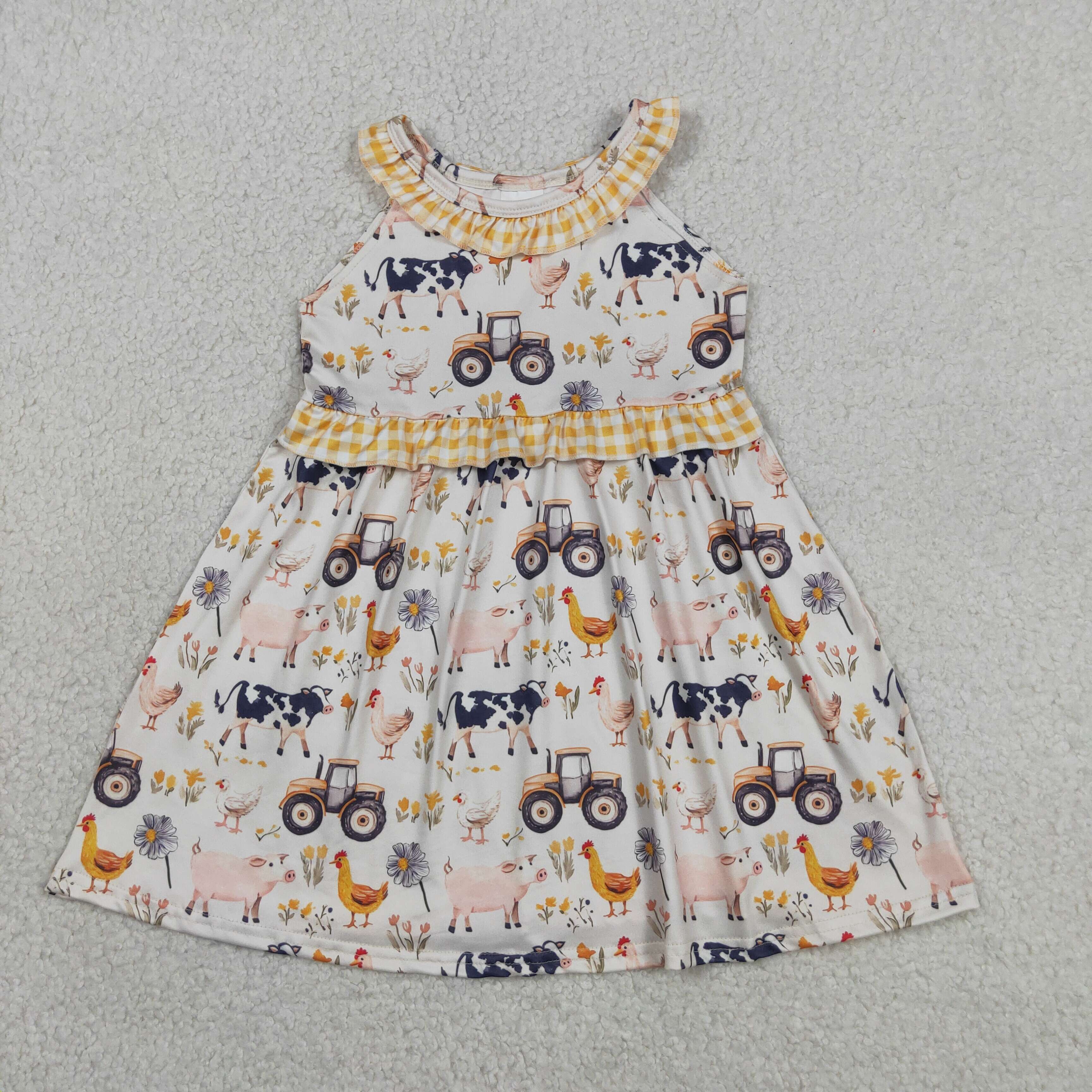 GSD3476  RTS yellow animals tractor girl  summer dress