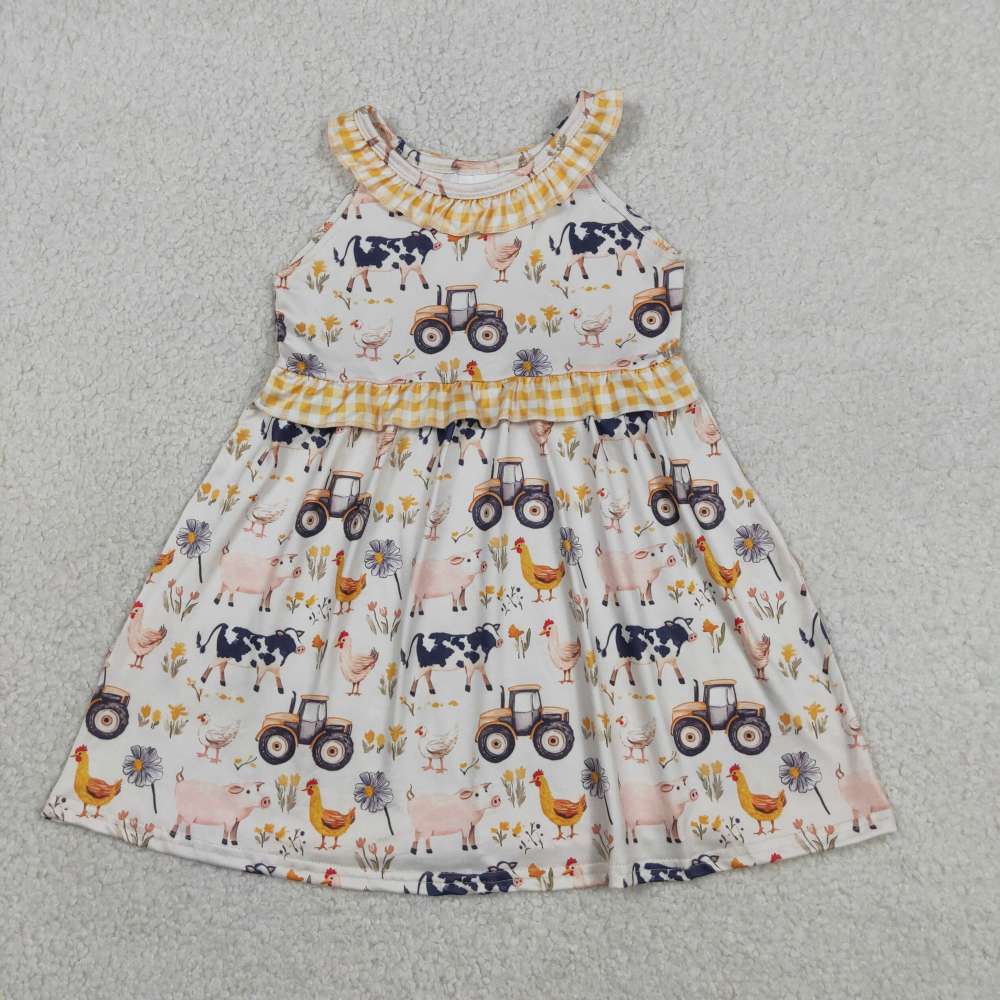 GSD3476  RTS yellow animals tractor girl  summer dress