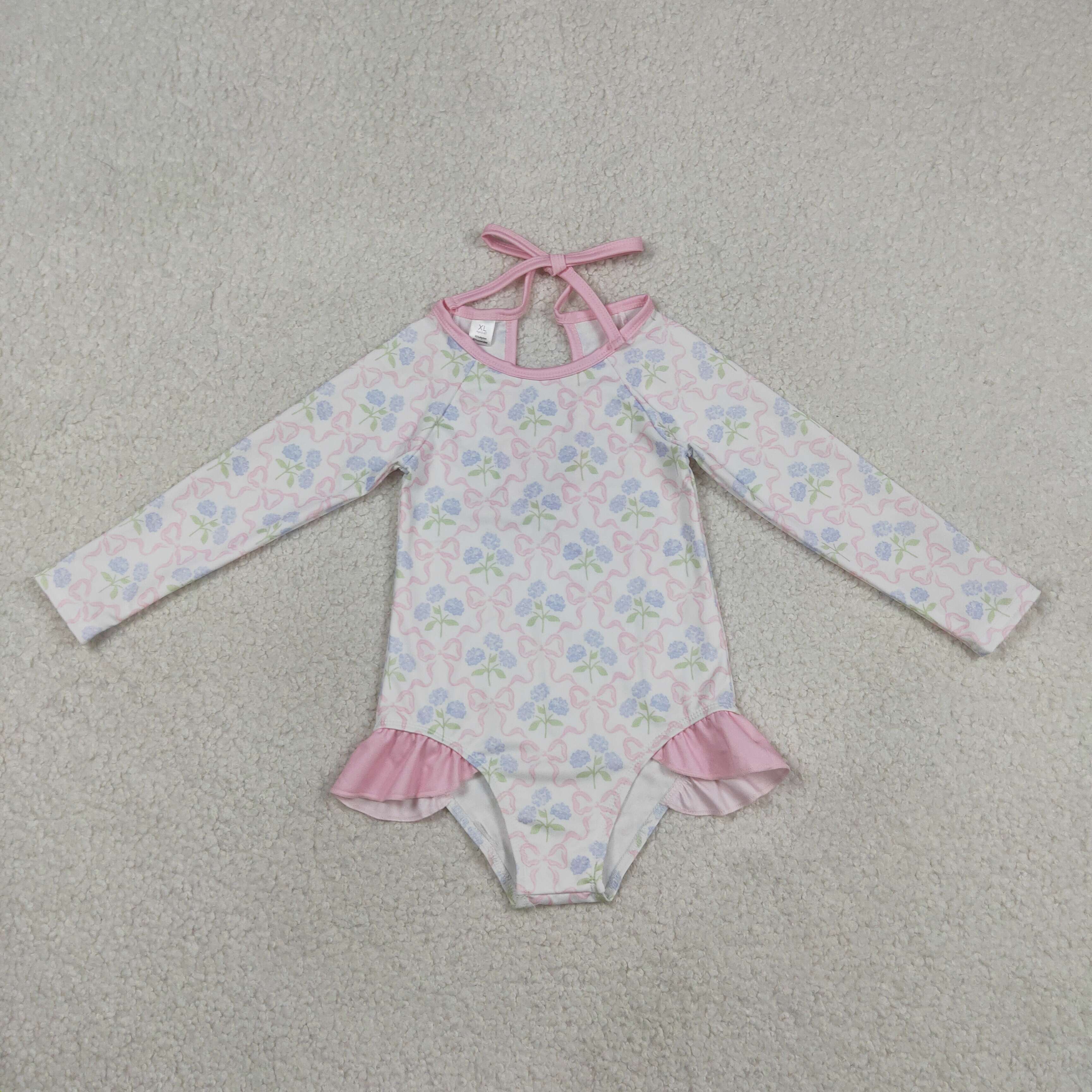 S0655 Pink bows flowers print girl long sleeve swimsuit