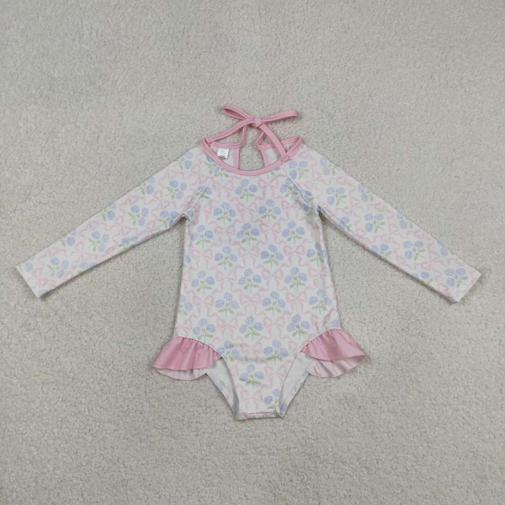 S0655 Pink bows flowers print girl long sleeve swimsuit