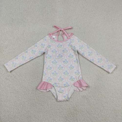 S0655 Pink bows flowers print girl long sleeve swimsuit
