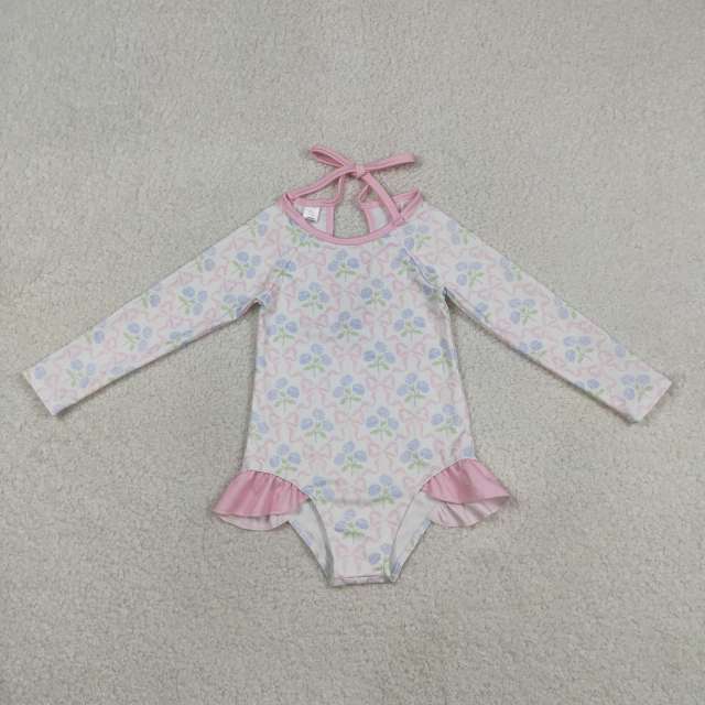 S0655 Pink bows flowers print girl long sleeve swimsuit
