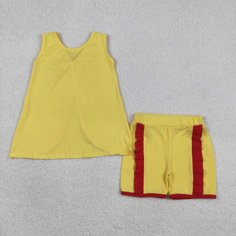 GSSO3466  red Bows yellow solid Print sleeveless girl outfits
