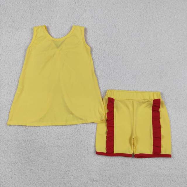 GSSO3466  red Bows yellow solid Print sleeveless girl outfits