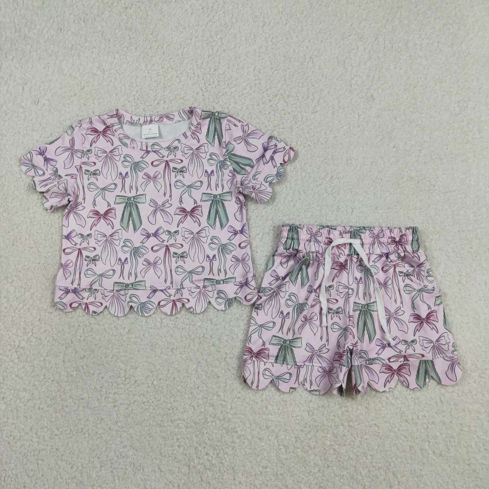 GSSO3409  Purple Green bows Print Short sleeve girl  SCALLOP  outfits